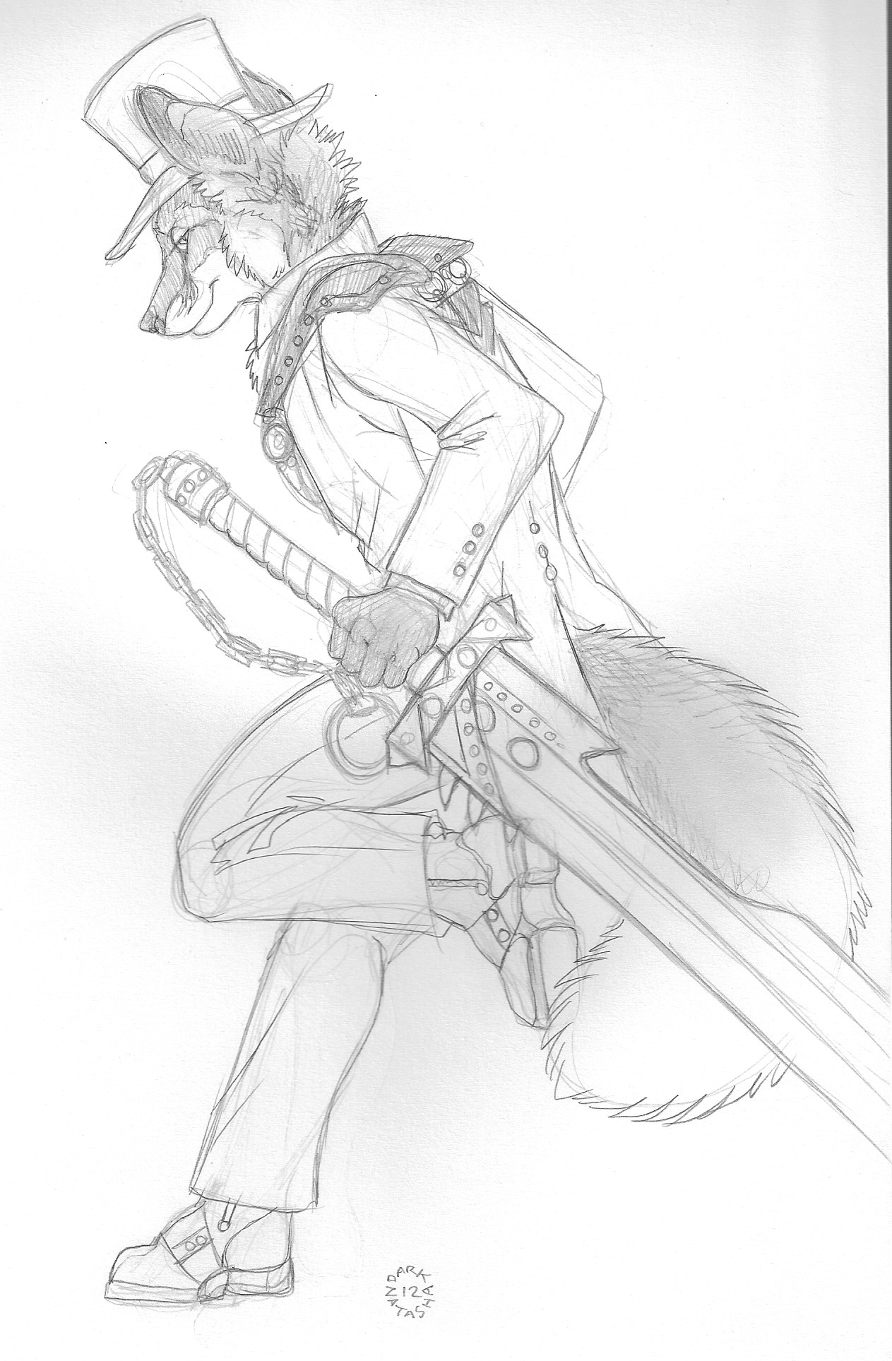 A sketch of a fox in formalwear, reclining with a massive, ornate sword.