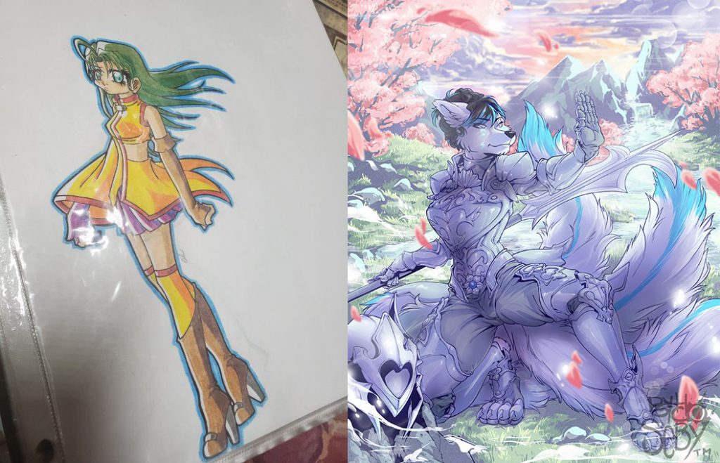 2 pictures of some art pieces one of an anime girl iin yellow  and the other of an anthro kitsune in armor