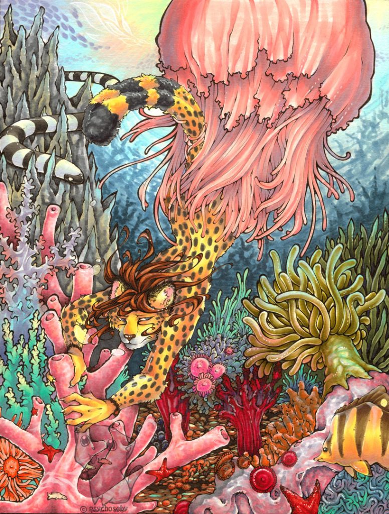 an anthro leopard under water with some beautiful coral and some eels