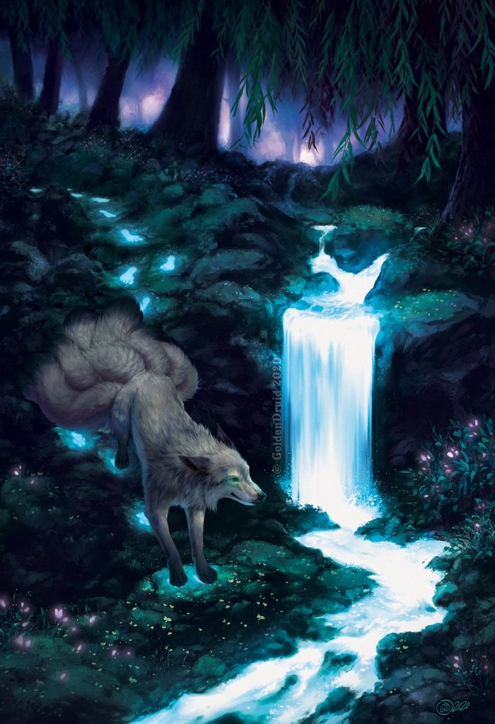 Digital art piece of a multi-tailed fox near a waterfall.
