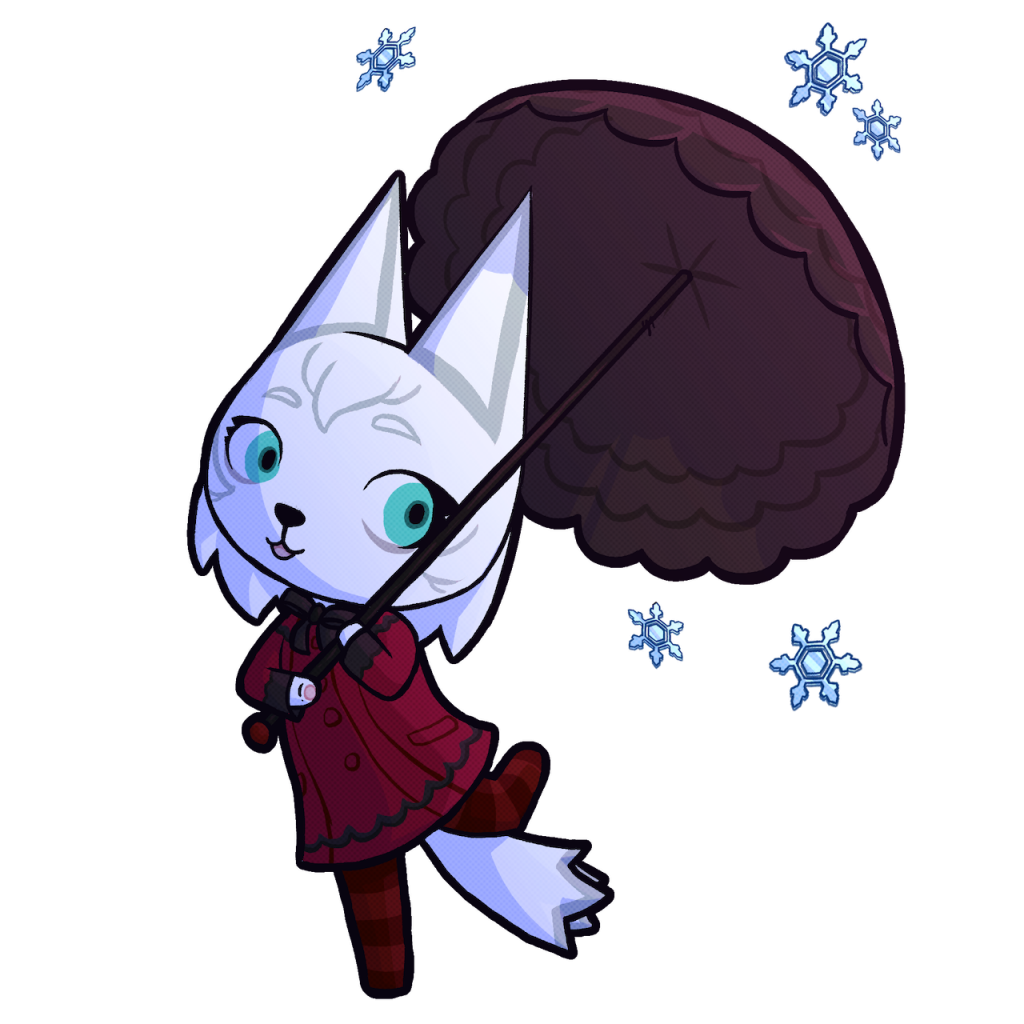 A small cute little wolf with an umbrella, surrounded by snowflakes, in the style of Animal Crossing.