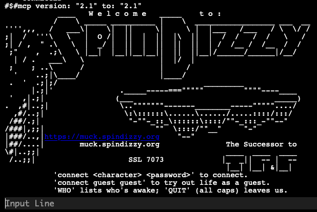 A screenshot from the ASCII art intro to SpinDizzy MUCK