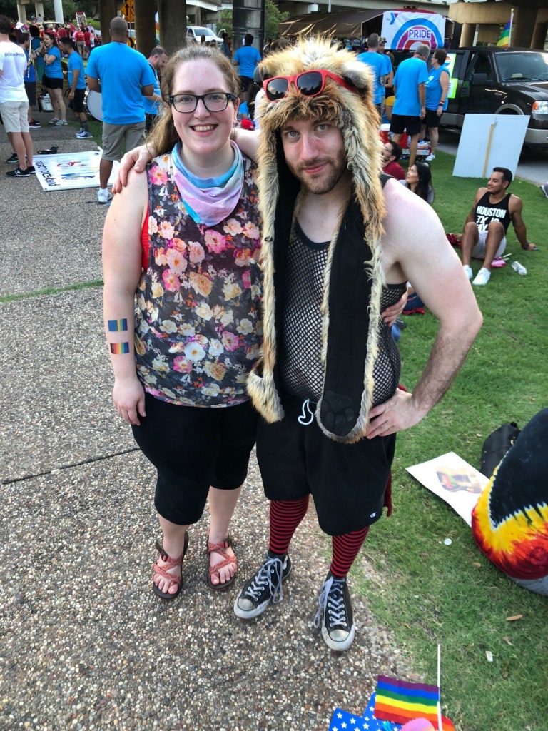 Two fabulously dressed people at the Houston Pride parade-- the author and his wife.