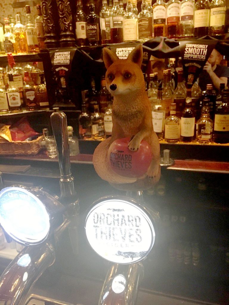 A drink tap for 'Orchard Thieves' cider, made to look like a fox guarding an apple he presumably stole.