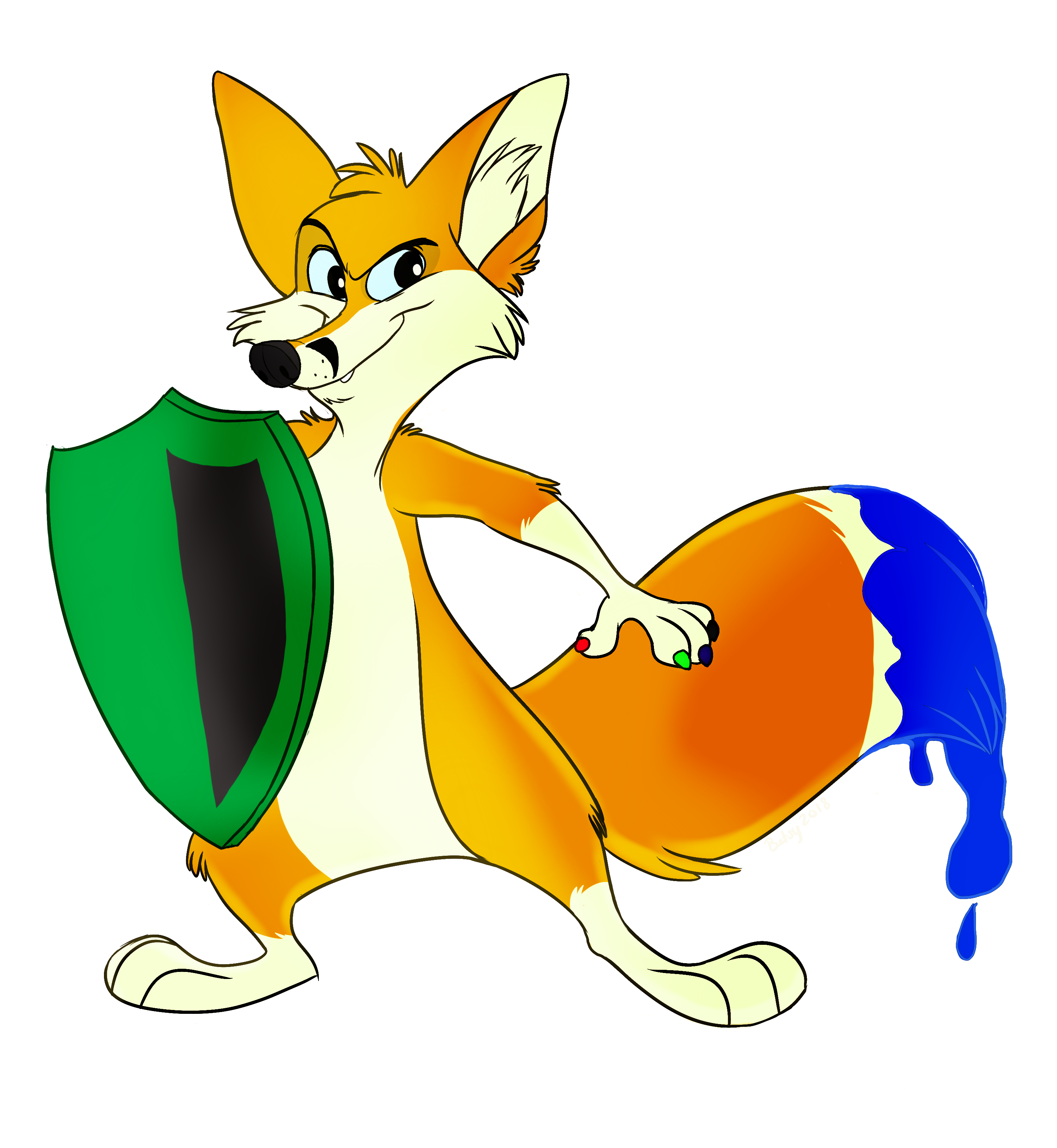 Vulpy, the Artconomy.com mascot, holding a shield to represent art escrow payments