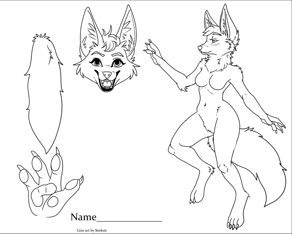 Uncolored line art of a generic female canid character, ready to be customized.
