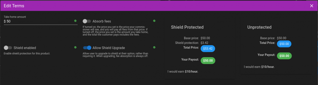 A screenshot of the revised price calculation, showing the difference between shield protection and not having it.